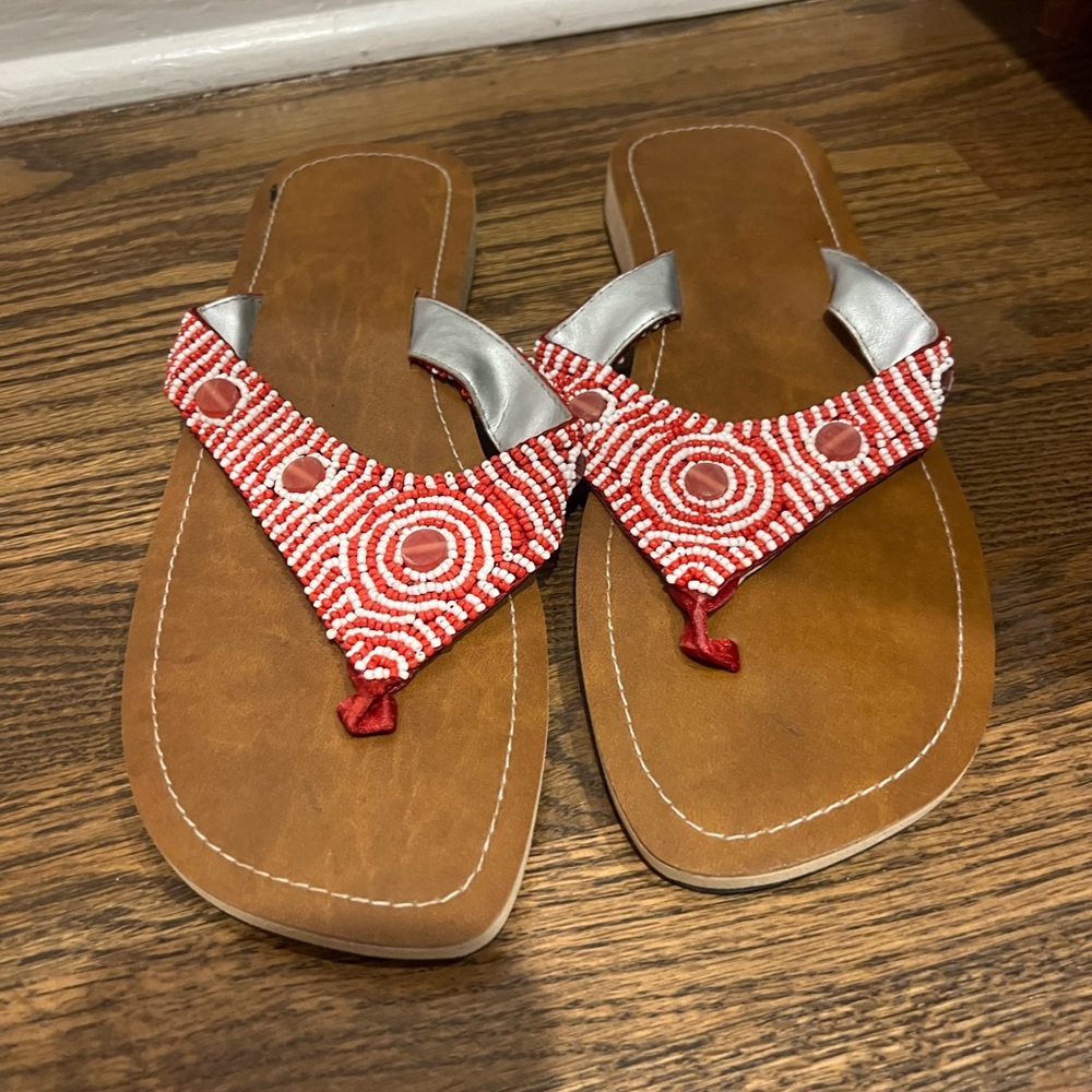 Vibrant Red and White Sandals with Geometric Pattern